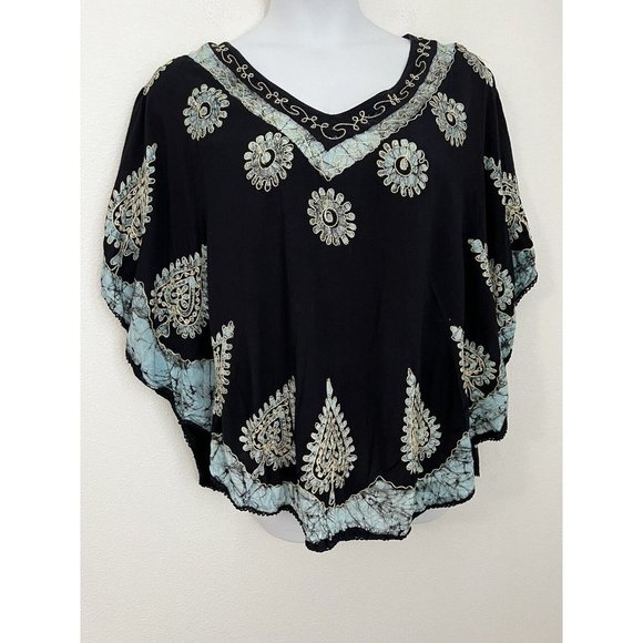 Namaste Embroidered Black Boho Popover Blouse Hippie Art to wear one size - Picture 1 of 9